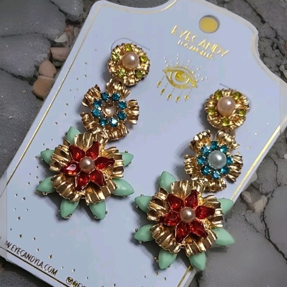 Gold Tone Floral Drop Earrings Statement Jewelry